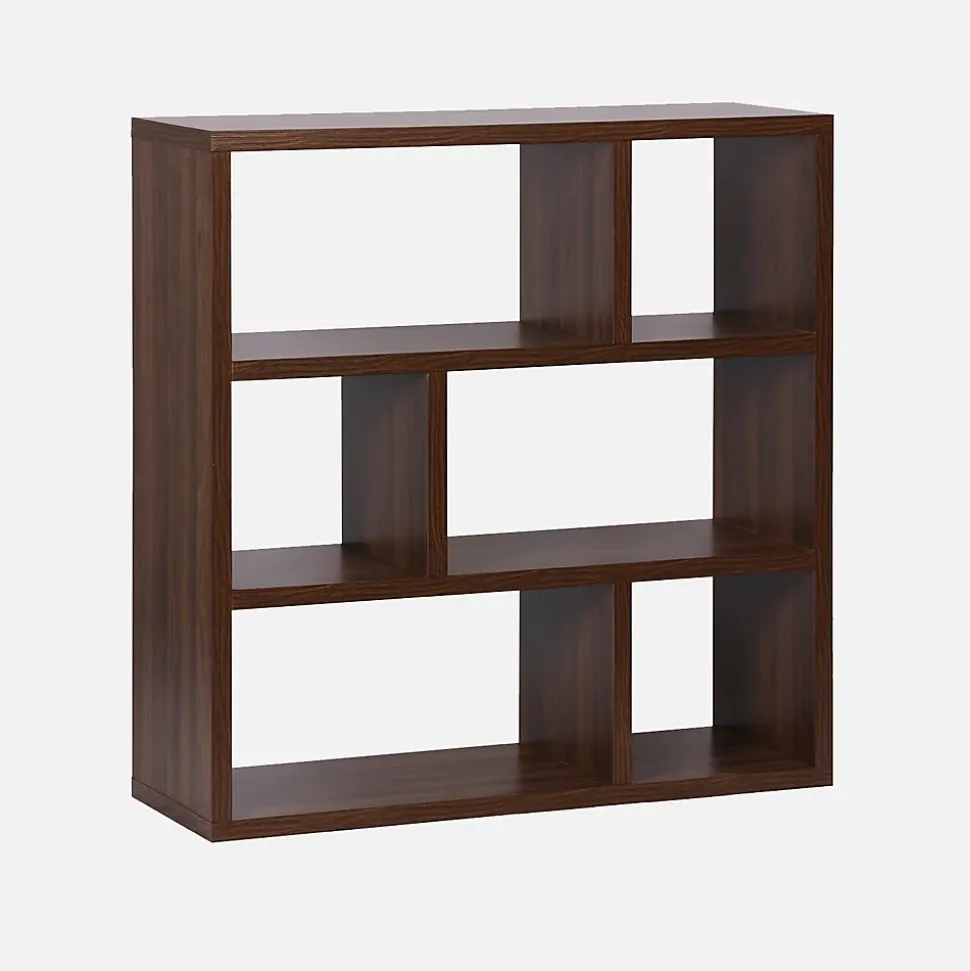 Etagère bibliothèque asymétrique 3 niveaux 6 compartiments. casiers. effet bois de noyer. L 111.2 x P 39 x H 115.2cm