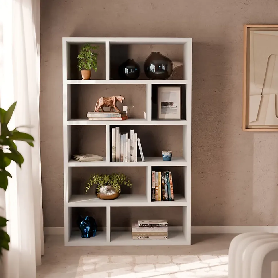Etagère bibliothèque asymétrique 5 niveaux 10 compartiments. casiers. effet bois blanc. L 111.2 x P 39 x H 190cm