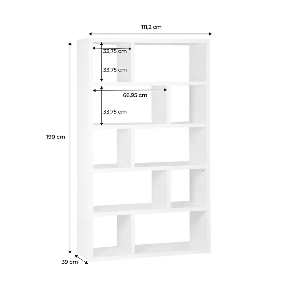 Etagère bibliothèque asymétrique 5 niveaux 10 compartiments. casiers. effet bois blanc. L 111.2 x P 39 x H 190cm