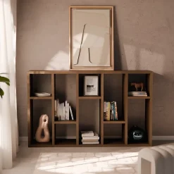 Etagère bibliothèque asymétrique 5 niveaux 10 compartiments. casiers. effet bois de noyer. L 111.2 x P 39 x H 190cm