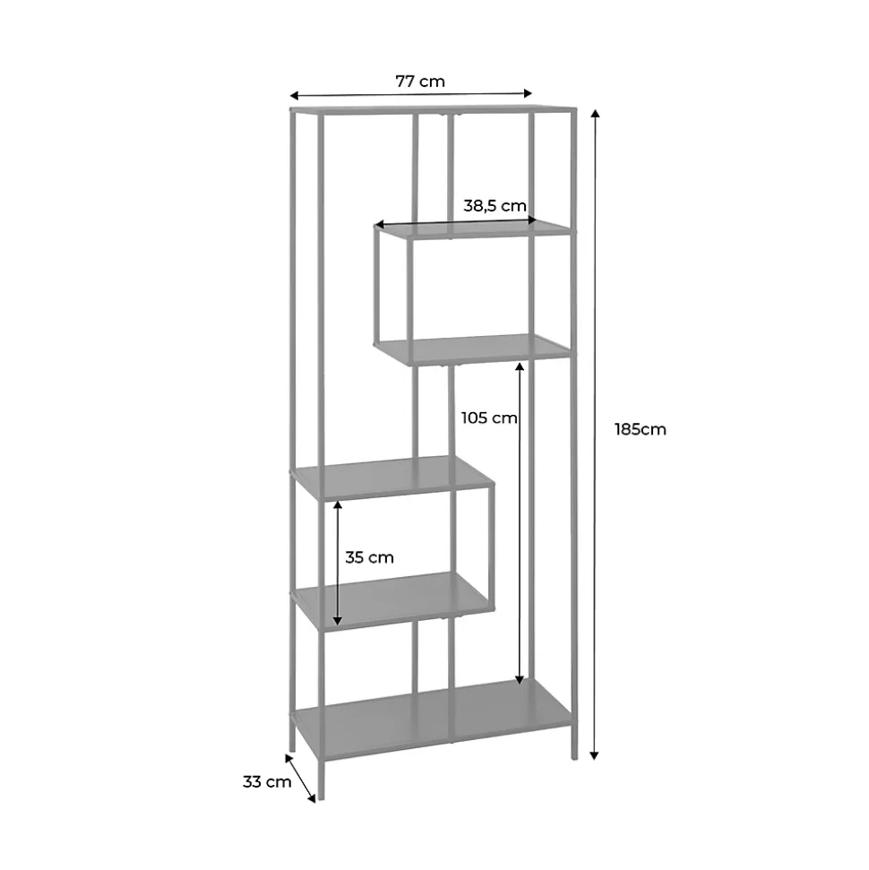 Etagère bibliothèque asymétrique 6 étages en métal noir INDUSTRIELLE L 77 x P 33 x H 185cm