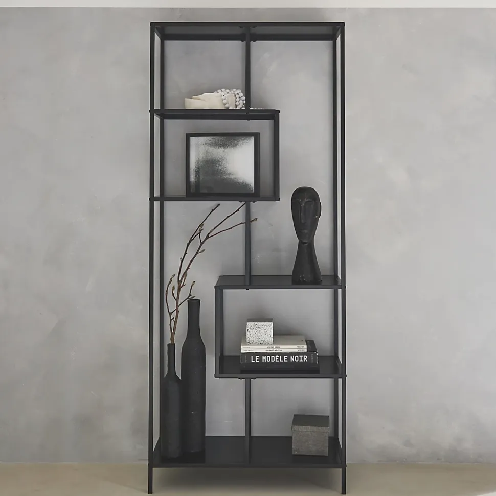 Etagère bibliothèque asymétrique 6 étages en métal noir INDUSTRIELLE L 77 x P 33 x H 185cm