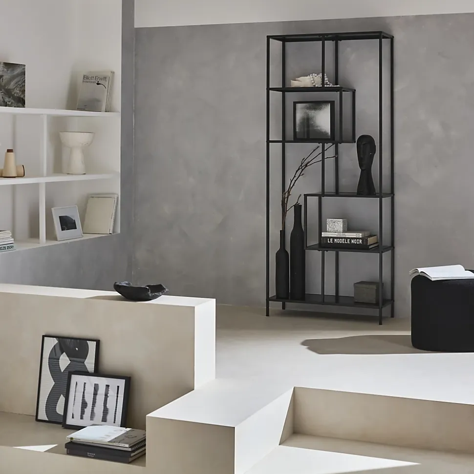 Etagère bibliothèque asymétrique 6 étages en métal noir INDUSTRIELLE L 77 x P 33 x H 185cm