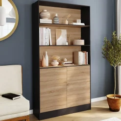 Etagère bibliothèque CARLA 3 niveaux XXL 1 placard noir et effet bois 190 cm