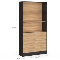 Etagère bibliothèque CARLA 3 niveaux XXL 1 placard noir et effet bois 190 cm