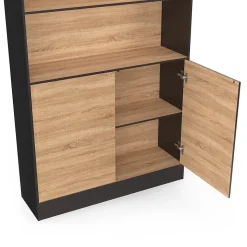 Etagère bibliothèque CARLA 3 niveaux XXL 1 placard noir et effet bois 190 cm
