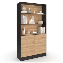 Etagère bibliothèque CARLA 3 niveaux XXL 1 placard noir et effet bois 190 cm