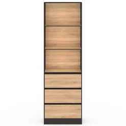 Etagère bibliothèque CARLA 3 niveaux 3 tiroirs noir et effet bois 190 cm