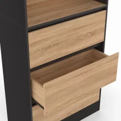 Etagère bibliothèque CARLA 3 niveaux 3 tiroirs noir et effet bois 190 cm