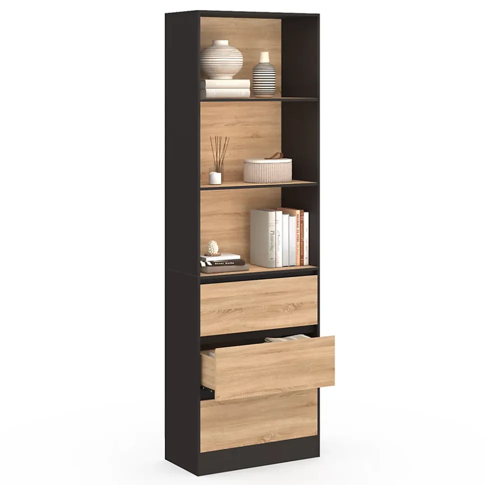 Etagère bibliothèque CARLA 3 niveaux 3 tiroirs noir et effet bois 190 cm