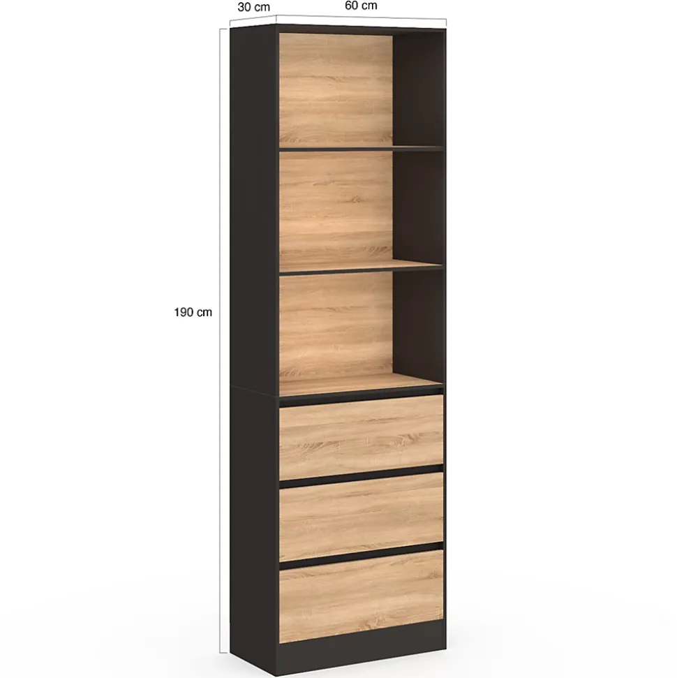 Etagère bibliothèque CARLA 3 niveaux 3 tiroirs noir et effet bois 190 cm