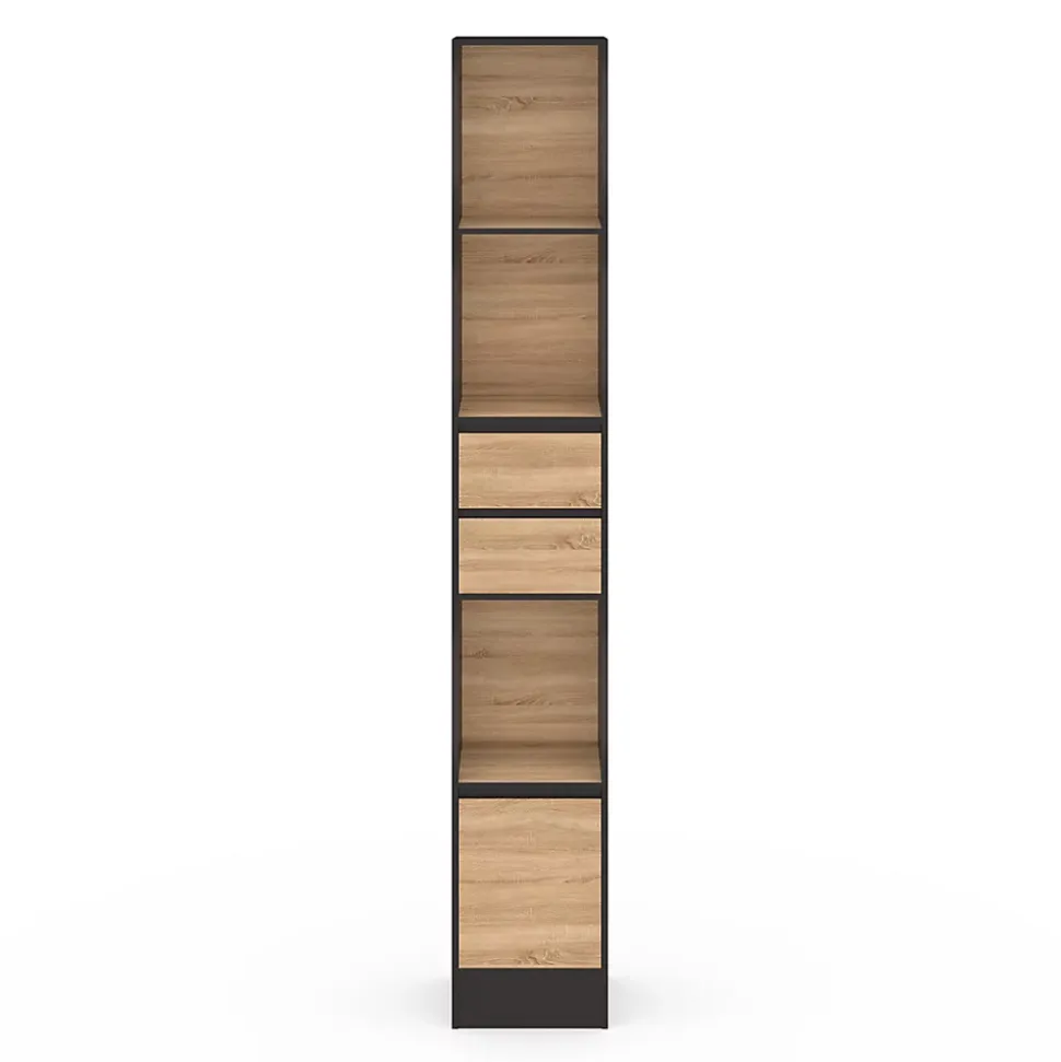 Etagère bibliothèque CARLA 3 étagères 2 tiroirs 1 placard noir et effet bois 190 cm