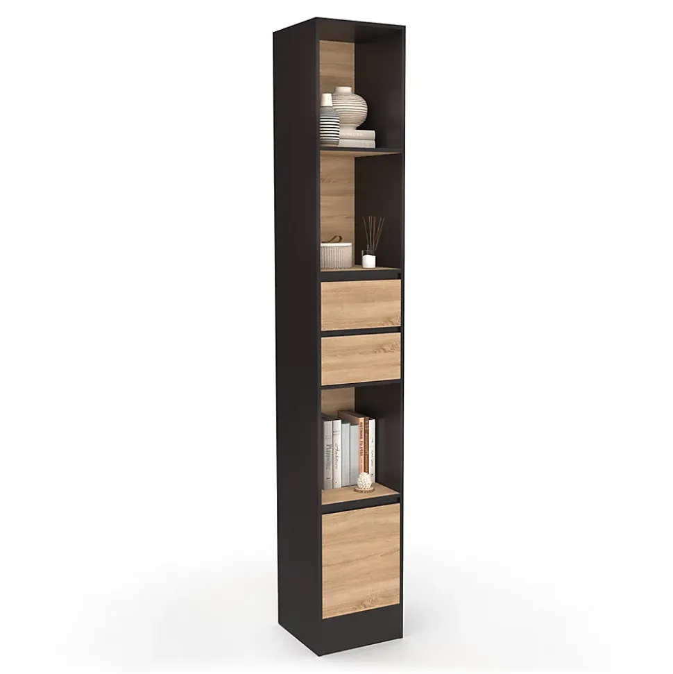 Etagère bibliothèque CARLA 3 étagères 2 tiroirs 1 placard noir et effet bois 190 cm