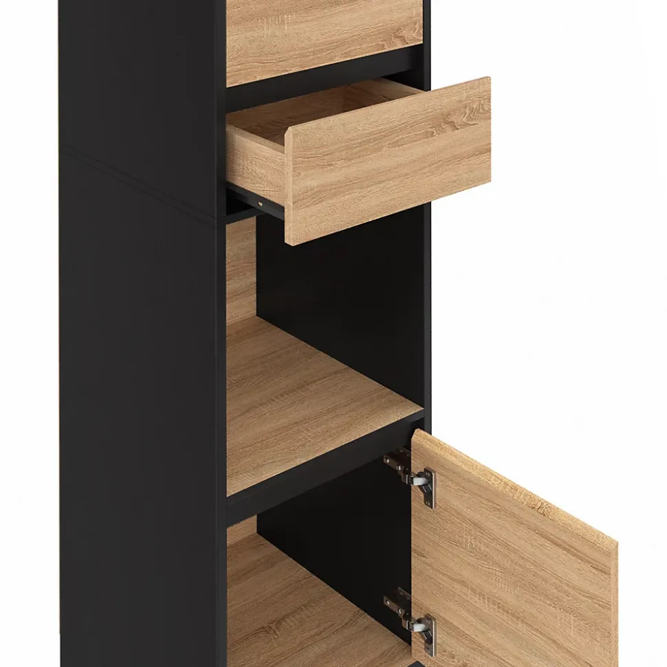 Etagère bibliothèque CARLA 3 étagères 2 tiroirs 1 placard noir et effet bois 190 cm