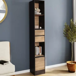 Etagère bibliothèque CARLA 3 étagères 2 tiroirs 1 placard noir et effet bois 190 cm