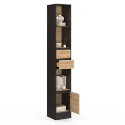 Etagère bibliothèque CARLA 3 étagères 2 tiroirs 1 placard noir et effet bois 190 cm