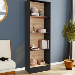 Etagère bibliothèque CARLA 5 niveaux noir et effet bois 190 cm