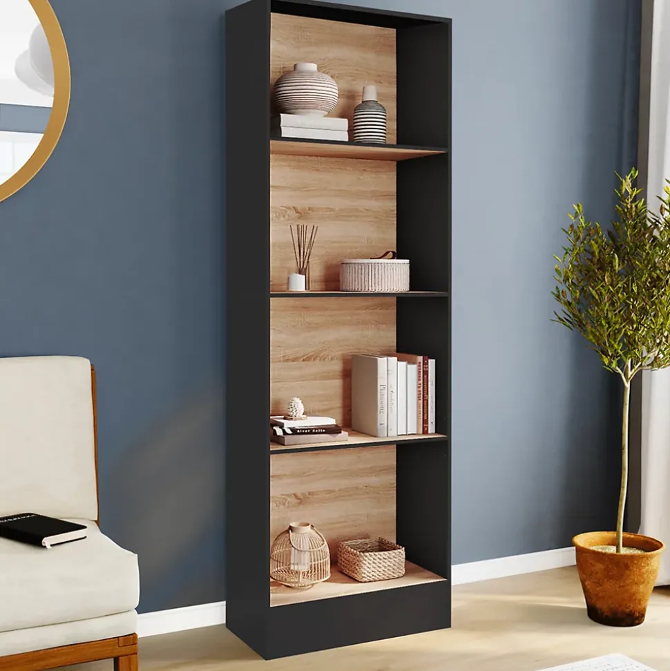 Etagère bibliothèque CARLA 5 niveaux noir et effet bois 190 cm