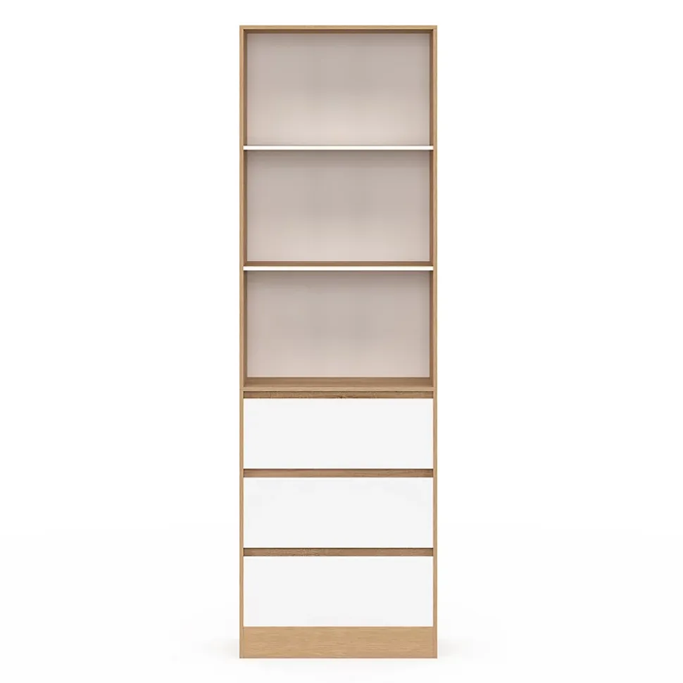 Etagère bibliothèque CARLA 3 niveaux 3 tiroirs blanc et effet bois 190 cm