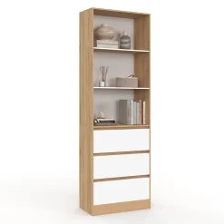 Etagère bibliothèque CARLA 3 niveaux 3 tiroirs blanc et effet bois 190 cm