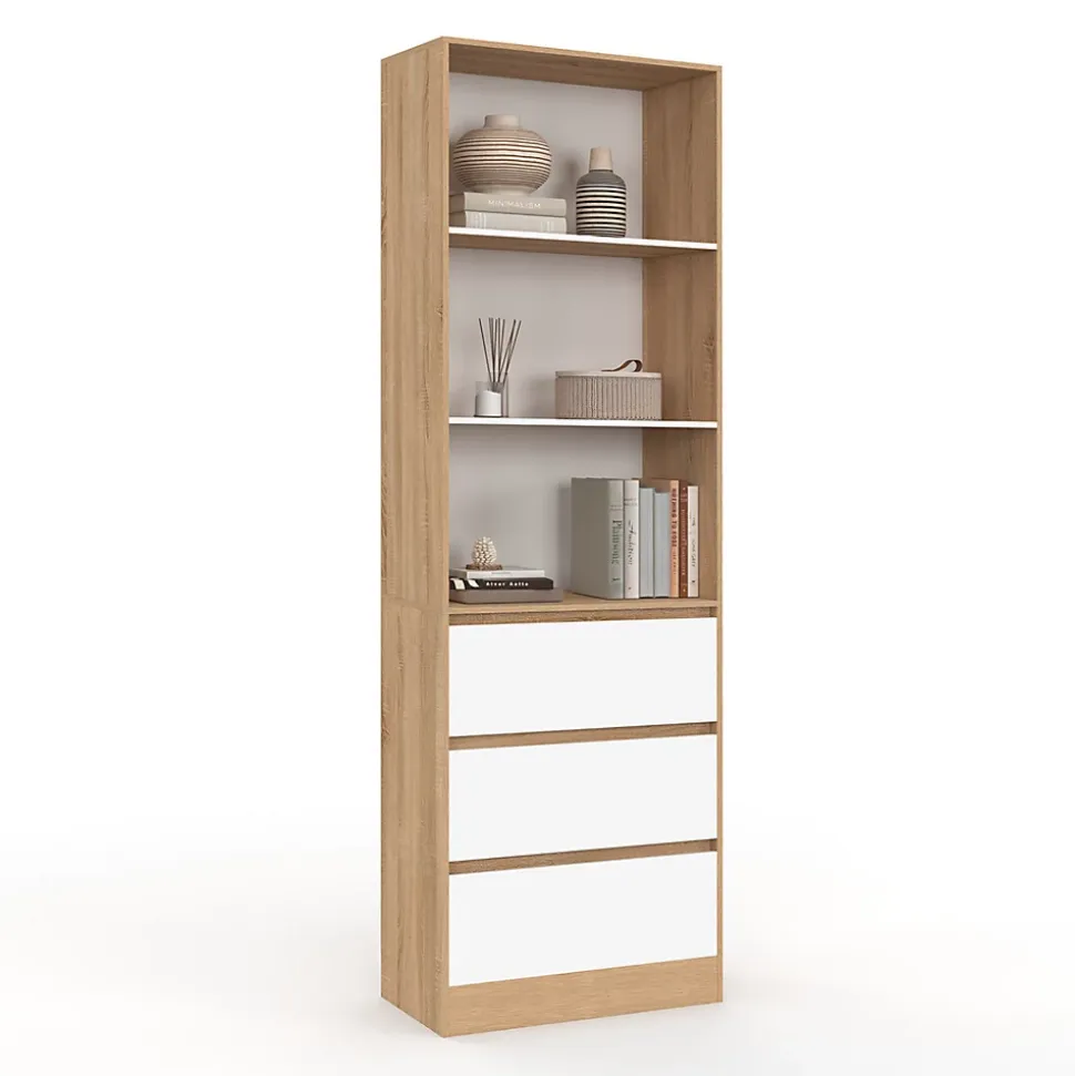Etagère bibliothèque CARLA 3 niveaux 3 tiroirs blanc et effet bois 190 cm