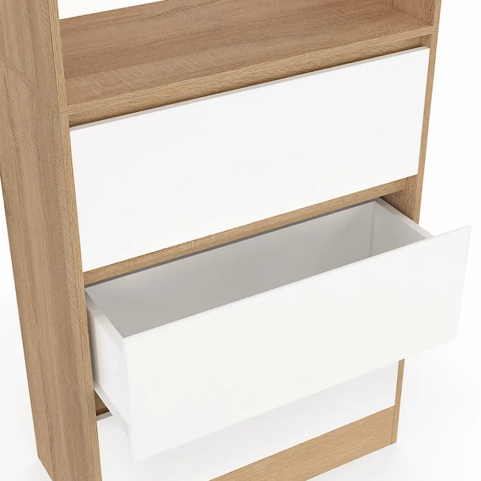 Etagère bibliothèque CARLA 3 niveaux 3 tiroirs blanc et effet bois 190 cm