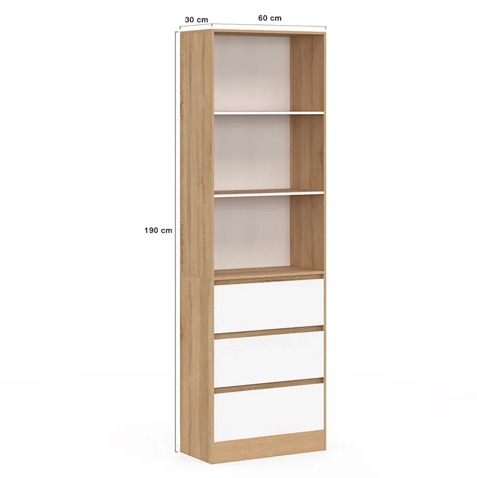 Etagère bibliothèque CARLA 3 niveaux 3 tiroirs blanc et effet bois 190 cm