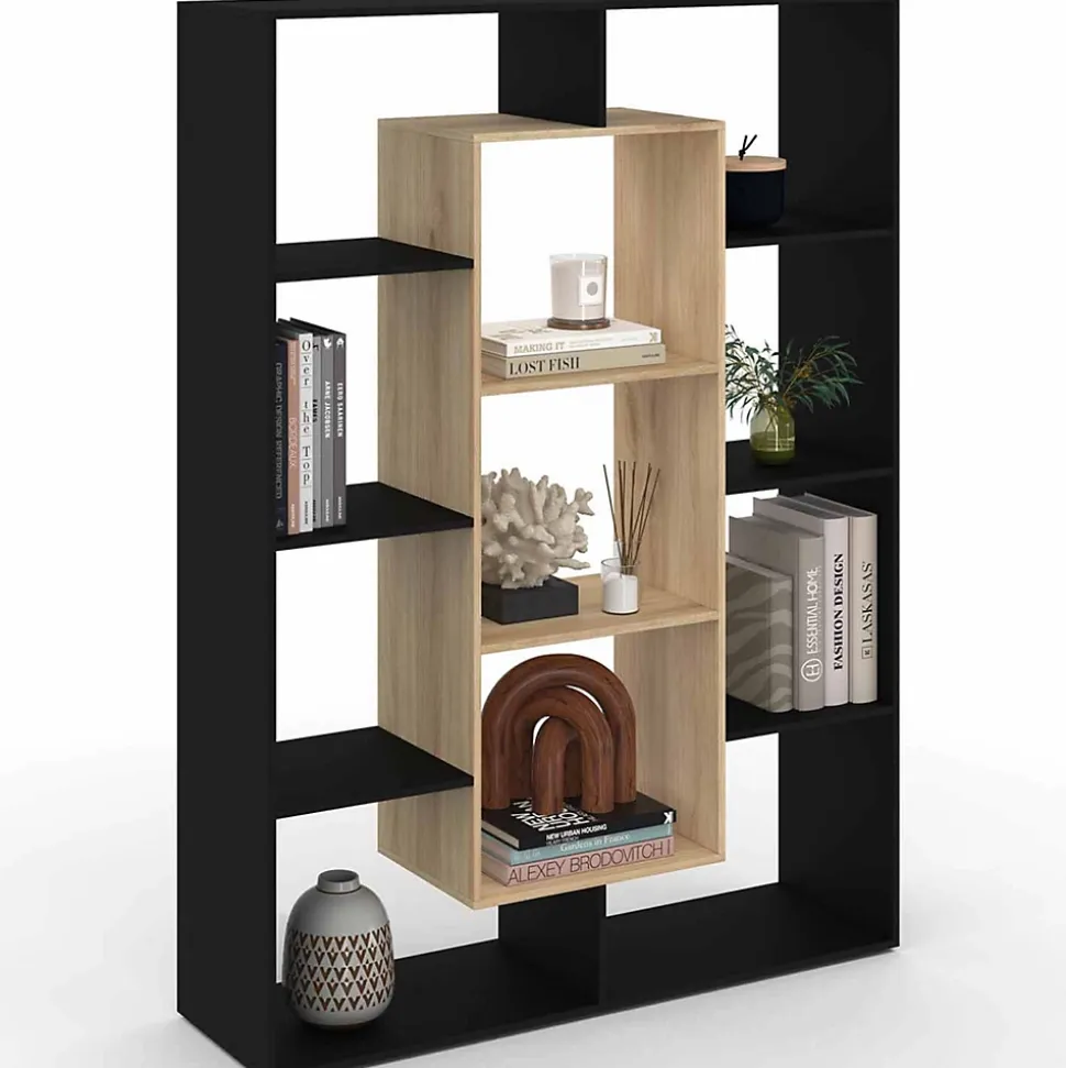 Etagère bibliothèque COLETTE avec 11 compartiments noir et effet bois 143 cm