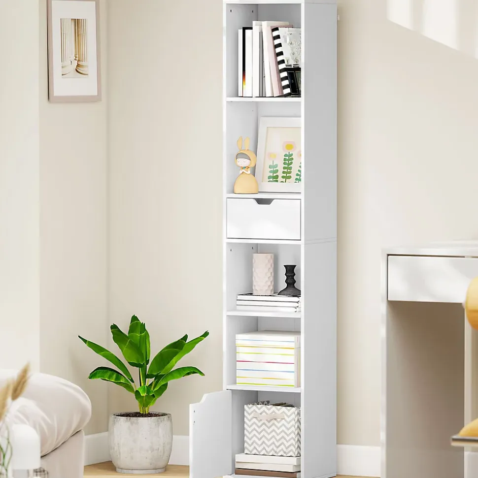 Etagère bibliothèque colonne H.158cm - 4 niches, tiroir, porte - blanc