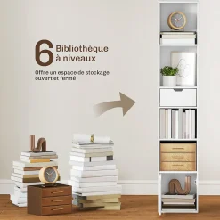 Etagère bibliothèque colonne H.158cm - 4 niches, tiroir, porte - blanc