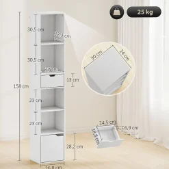 Etagère bibliothèque colonne H.158cm - 4 niches, tiroir, porte - blanc