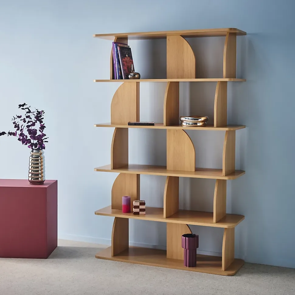 Etagère. bibliothèque exotique décor bois chêne 5 niveaux. séparateurs courbés - Alva