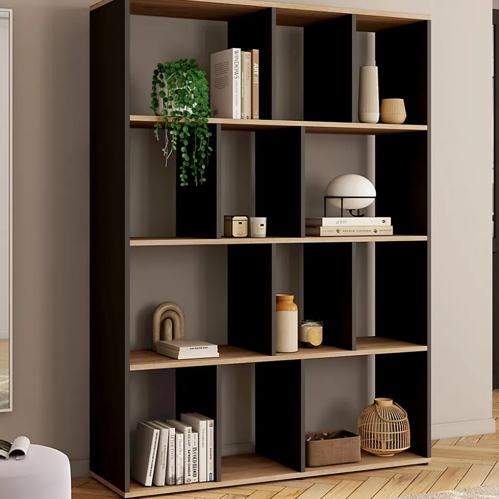 Etagère bibliothèque JENA 4 niveaux noir et effet bois 143 cm