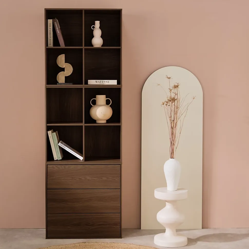 Etagère. bibliothèque modulable décor bois noyer 3 éléments - 3 tiroirs 8 niches L 70 x P 35 x H 210cm - Kompo