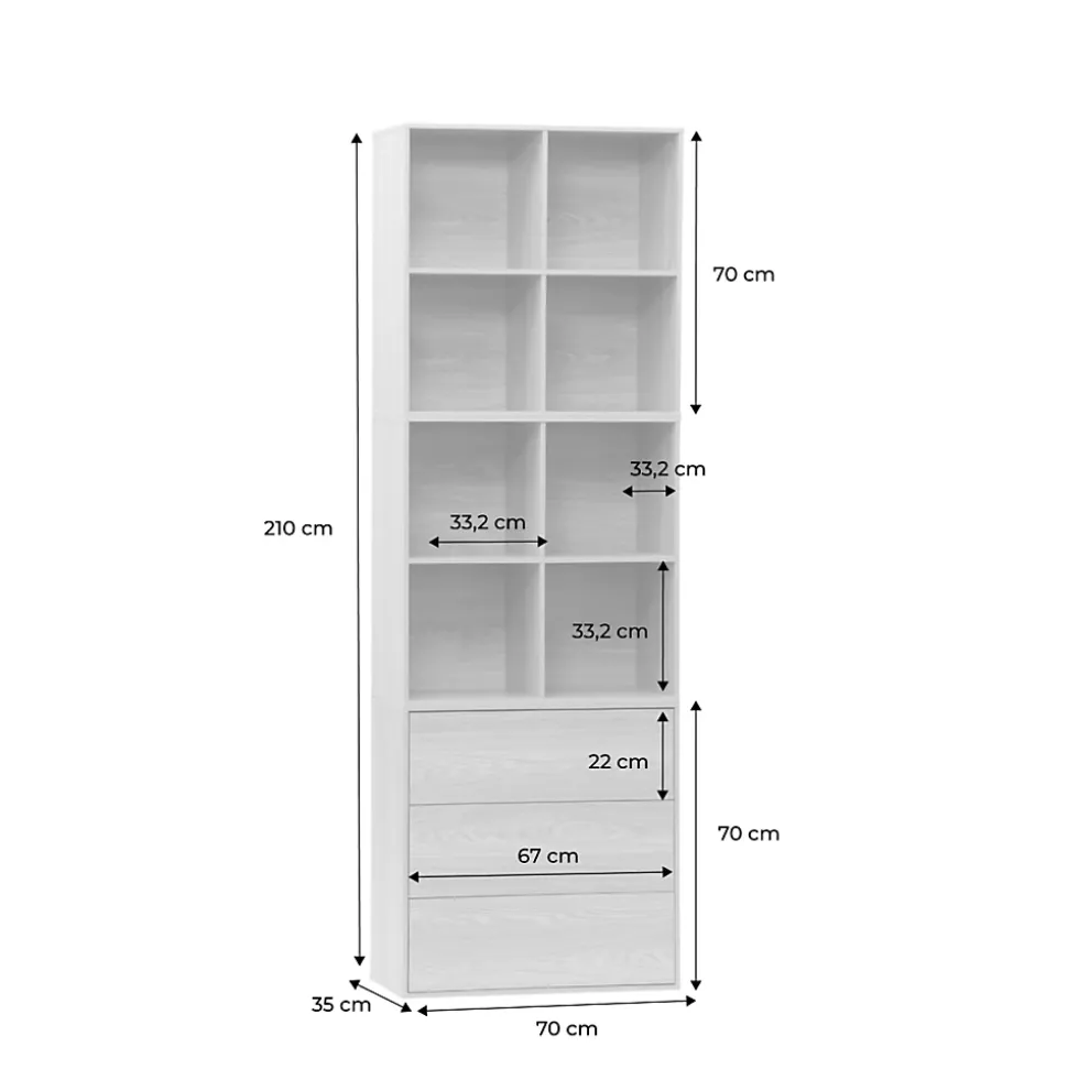 Etagère. bibliothèque modulable décor bois noyer 3 éléments - 3 tiroirs 8 niches L 70 x P 35 x H 210cm - Kompo