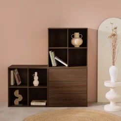 Etagère. bibliothèque modulable décor bois noyer 3 éléments - 3 tiroirs 8 niches L 70 x P 35 x H 210cm - Kompo