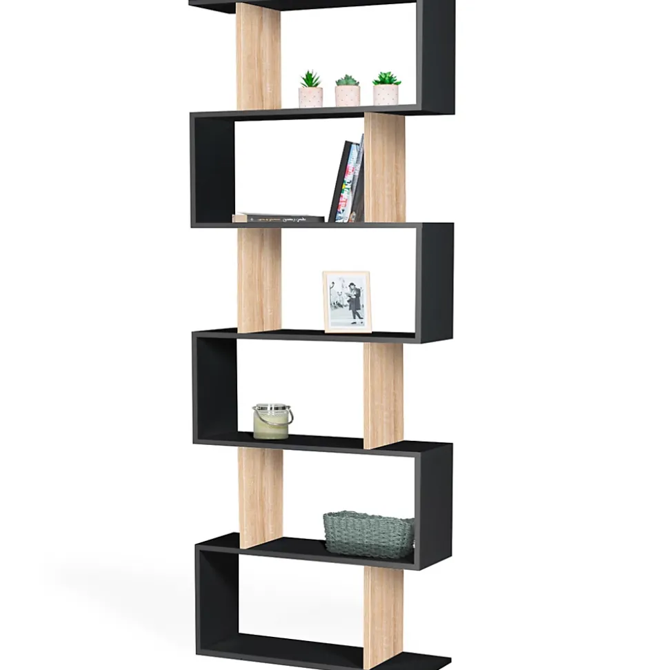 Etagère bibliothèque SOFIA forme S bois façon hêtre et noir 189 cm