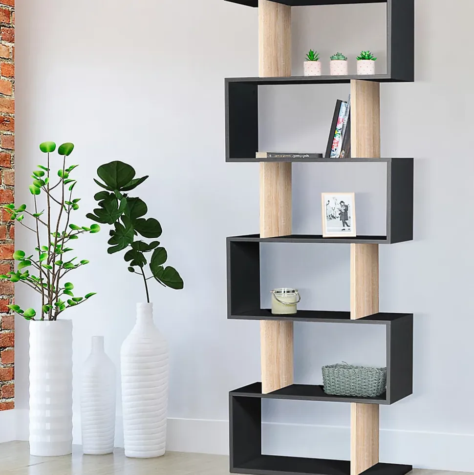 Etagère bibliothèque SOFIA forme S bois façon hêtre et noir 189 cm