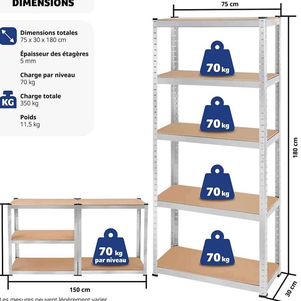 Etagère charge lourde d'angle plateau en acier 180x75x30 cm