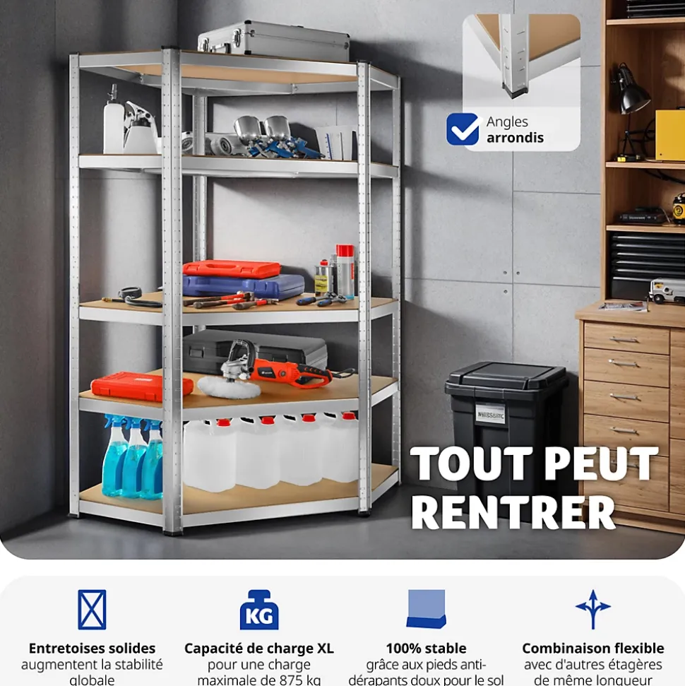 Etagère charge lourde d'angle plateau en acier 180x89,5x89,5 cm