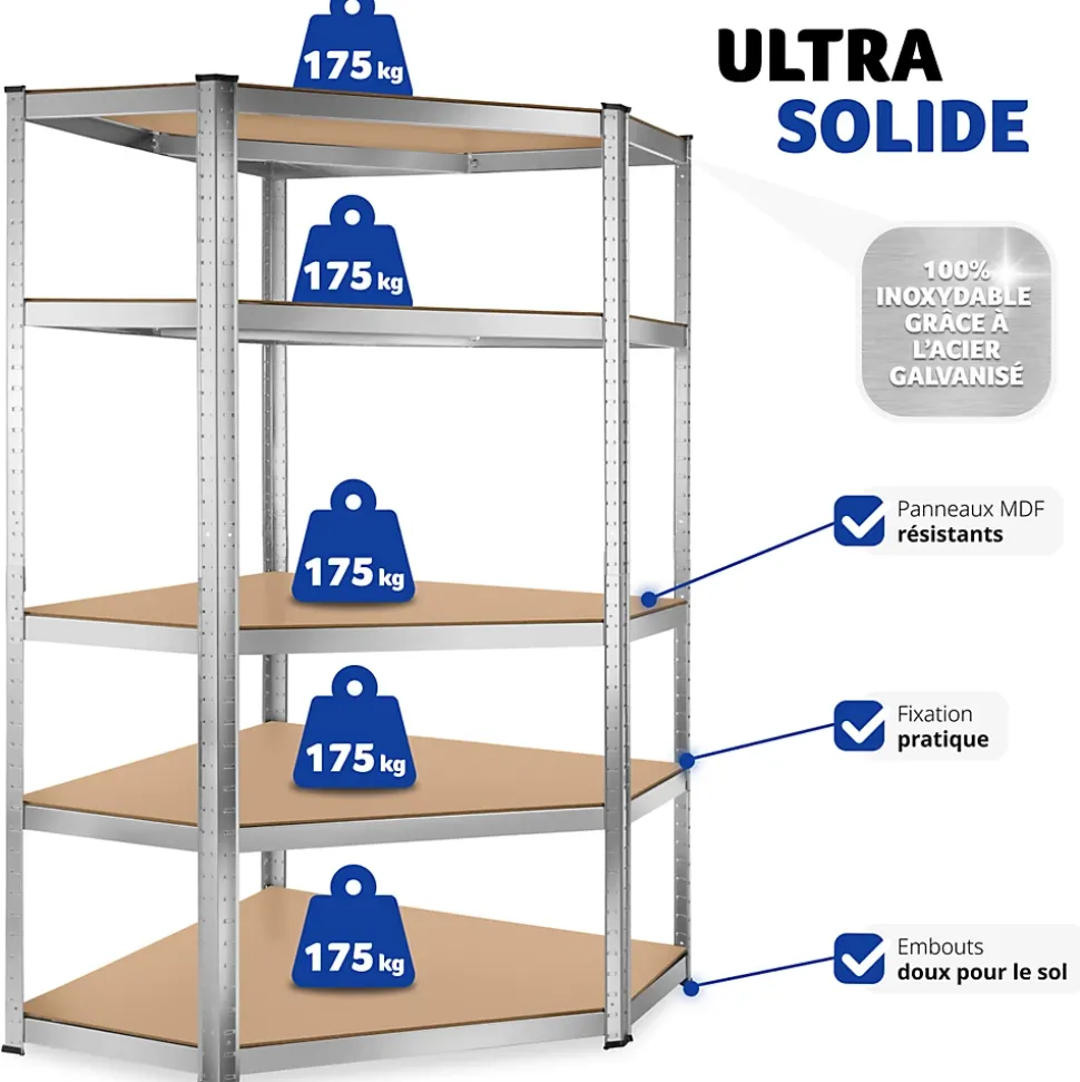 Etagère charge lourde d'angle plateau en acier 180x89,5x89,5 cm