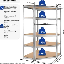 Etagère charge lourde d'angle plateau en acier 180x89,5x89,5 cm