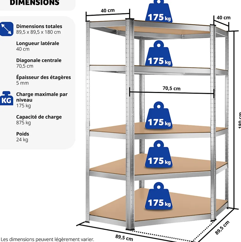 Etagère charge lourde d'angle plateau en acier 180x89,5x89,5 cm
