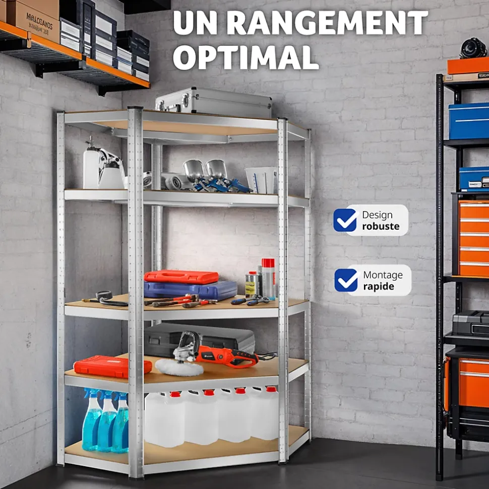 Etagère charge lourde d'angle plateau en acier 180x89,5x89,5 cm