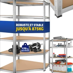 Etagère charge lourde d'angle plateau en acier 180x89,5x89,5 cm