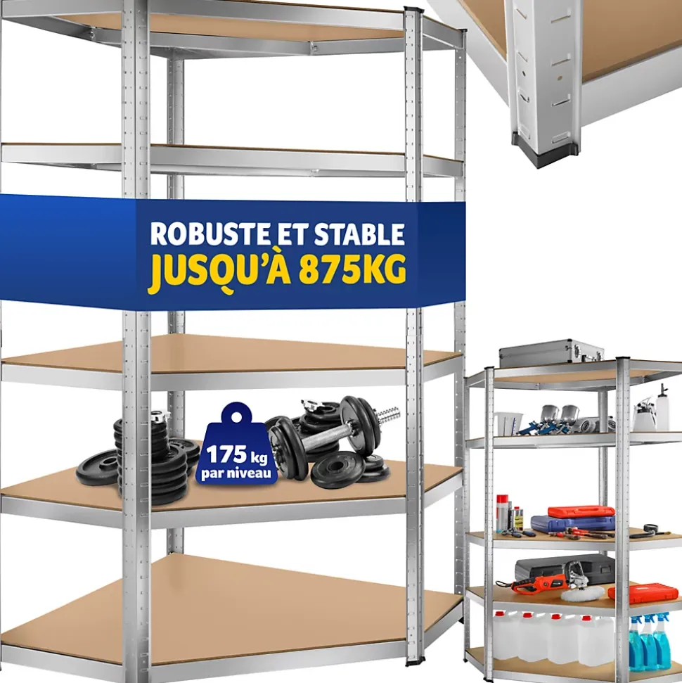 Etagère charge lourde d'angle plateau en acier 180x89,5x89,5 cm