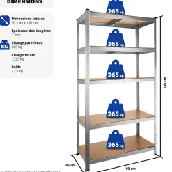 Etagère charge lourde d'angle plateau en acier 180x90x40 cm
