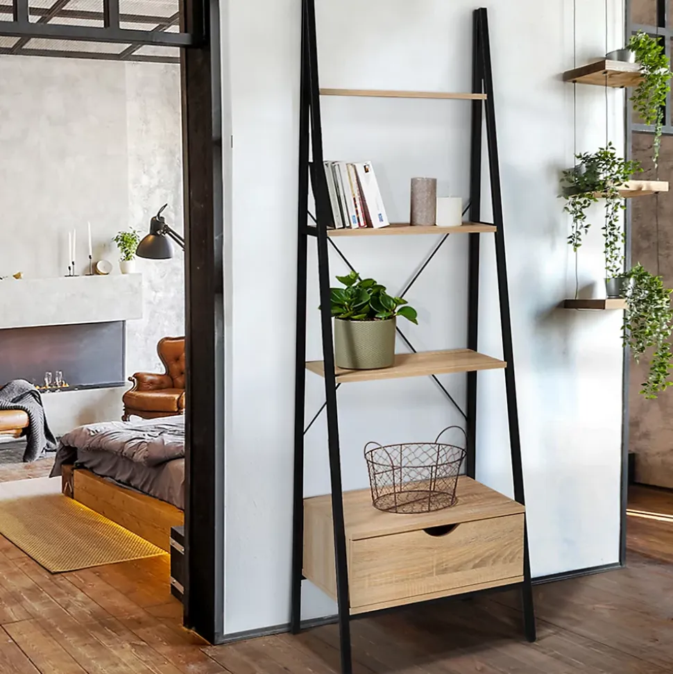 Etagère échelle 4 niveaux avec tiroir DETROIT design industriel