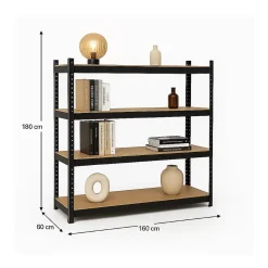 Etagère de Rangement 4 Plateaux Métal Noir 160 x 60 x H180cm Haute résistance Charges lourdes 1600kg INTEC