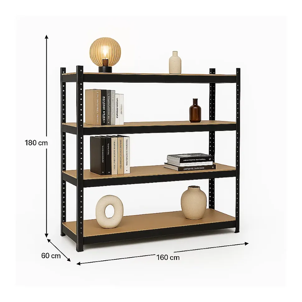 Etagère de Rangement 4 Plateaux Métal Noir 160 x 60 x H180cm Haute résistance Charges lourdes 1600kg INTEC